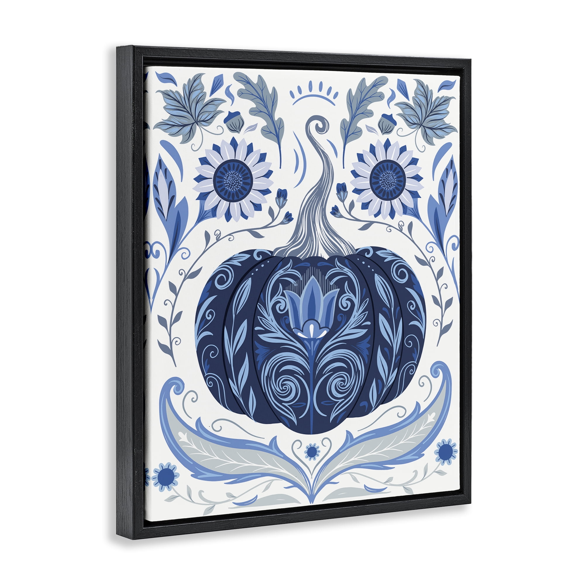 Stupell Industries Symmetrical Floral Pumpkin Plants & Flowers Painting Black Floater Framed Canvas Art Print Wall Art, 25 x 31
