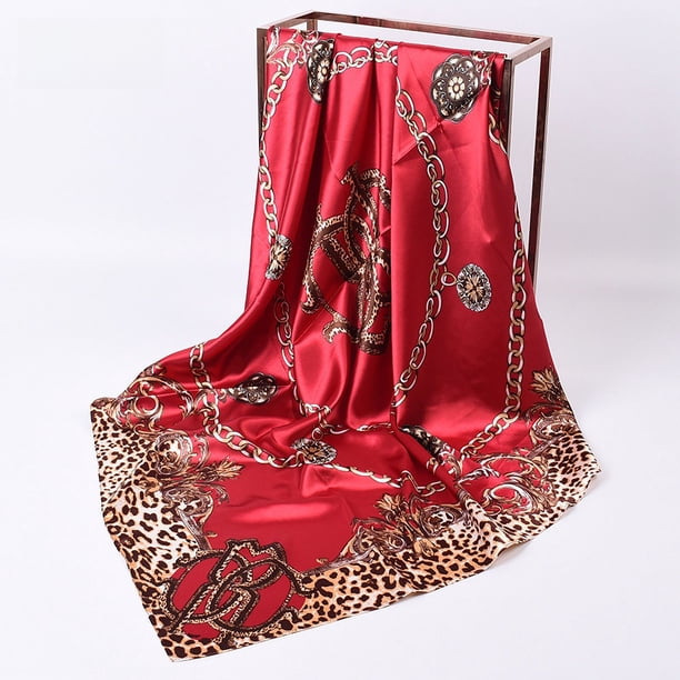 Bufanda de seda para mujer, imitación de seda, cuadrada, con estampado europeo y americano, cadena de leopardo, chal de satén