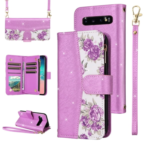 Furiet for Samsung Galaxy S10 Floral Wallet Case with Flip Zipper Purse Wrist Strap Shoulder Strap, Luxury Glitter PU Leather Card Holder Stand Phone Cover for S 10 Edge 10S GS10 X10 Women Purple