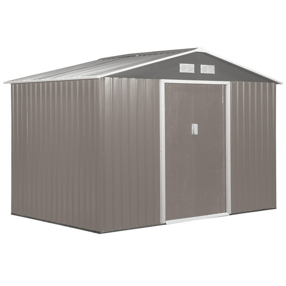 Outsunny 9' x 6' Garden Storage Shed with Foundation Kit, Metal Tool Storage House with Double Doors for Outdoor Patio Yard, Grey