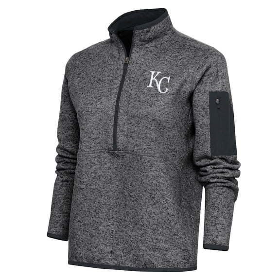 Women's Antigua Heather Charcoal Kansas City Royals Logo Fortune Quarter-Zip Pullover Jacket