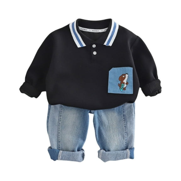 Toddler Boys Long Sleeve Polo Shirt with Cartoon Pocket and Denim Jeans Set Casual Outfit for Children
