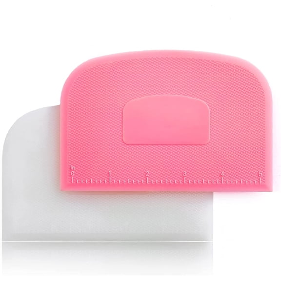 Dough Scraper Bowl Scraper Flexible Unbreakable Plastic Scrape with Scale for Baking Bench Scraper Multipurpose Food Scrapers kitchen tool for Bread Dough Cake Fondant Icing 2 Pcs Pink White