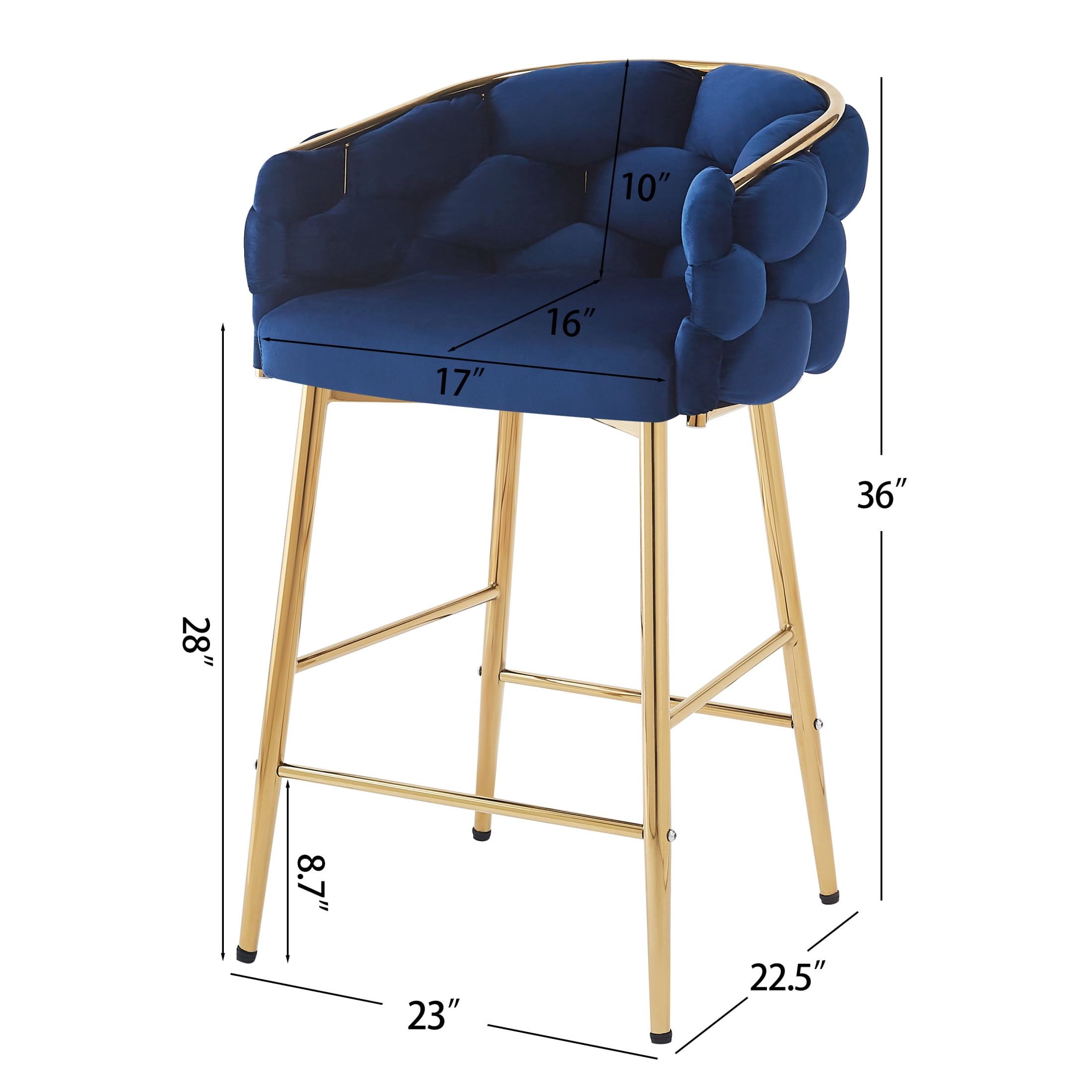 Nivora 28" Seat Height Modern Upholstered Flannelette Counter Stools, Metal Frame, Dark Blue + Gold, Set of 2