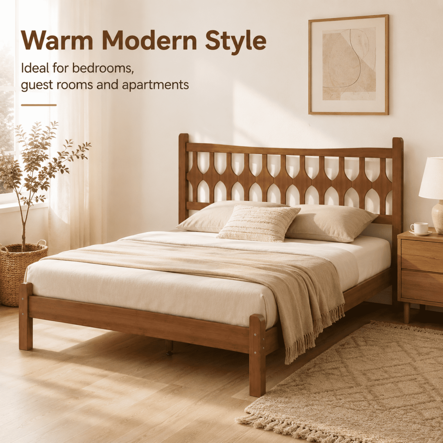 Miniyam Queen Size Bamboo Platform Bed Frame with Geometric Headboard, Brown