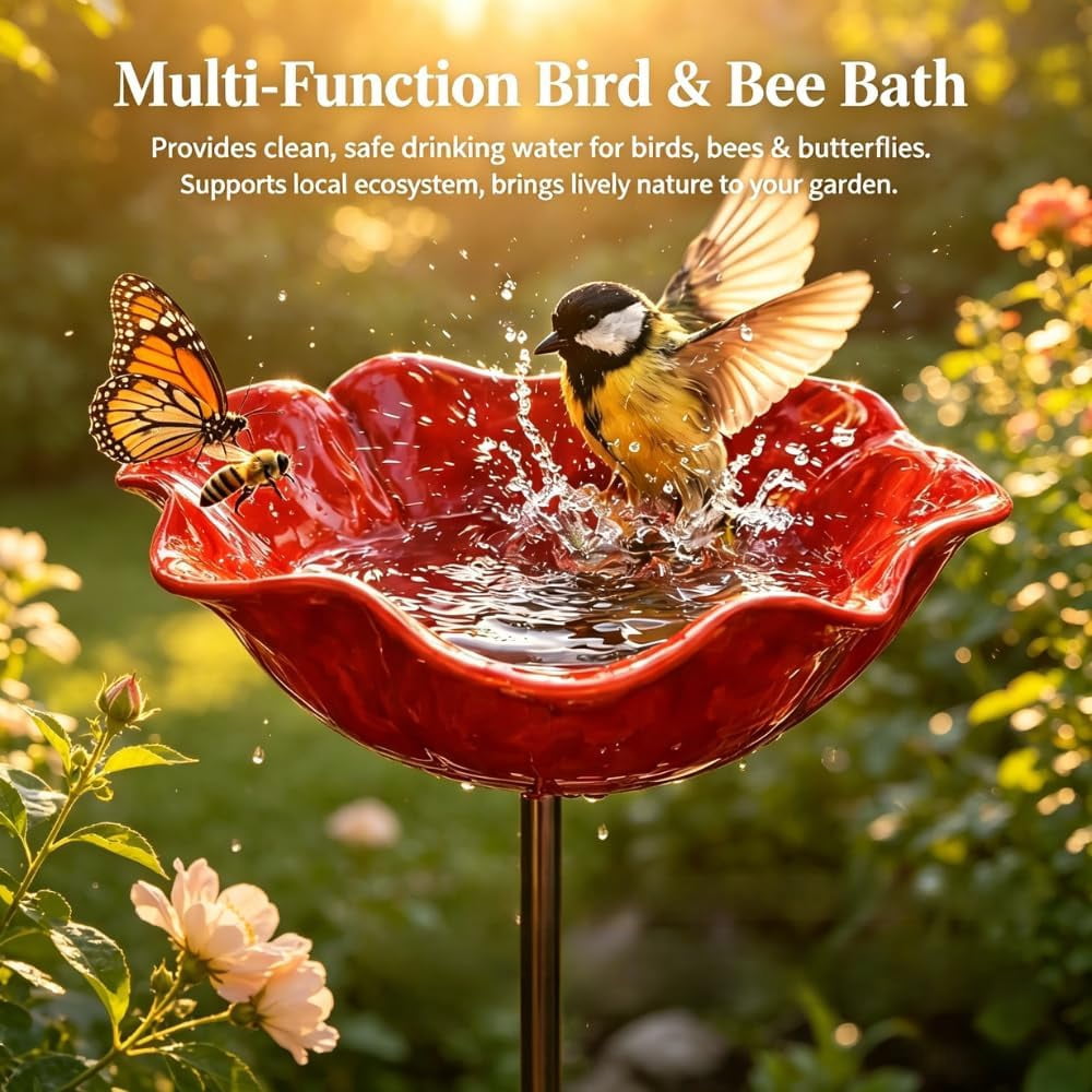 Handmade Metal Flower Garden Stake, Mini Bird Bath on Flowers Stakes for Outside, Metal Grace Yard Small Flower Bird Bath & Water Feeder Station Outdoors for Tiny Butterflies, Bees ＆ Birds (1 PC)
