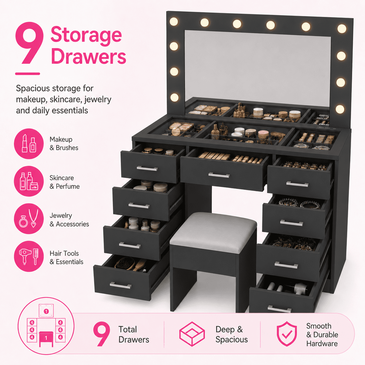 Zimtown Makeup Vanity Desk with Large Mirror & Charging Station, Vanity Table with 9 Drawers & Visible Glass Top, Bedroom Dressing Table, Black