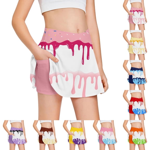 JAJAHO Girls Tennis Skirts Built In Shorts With Side Pockets High Waisted Ice Cream Printed Athletic Skorts 5-16Y