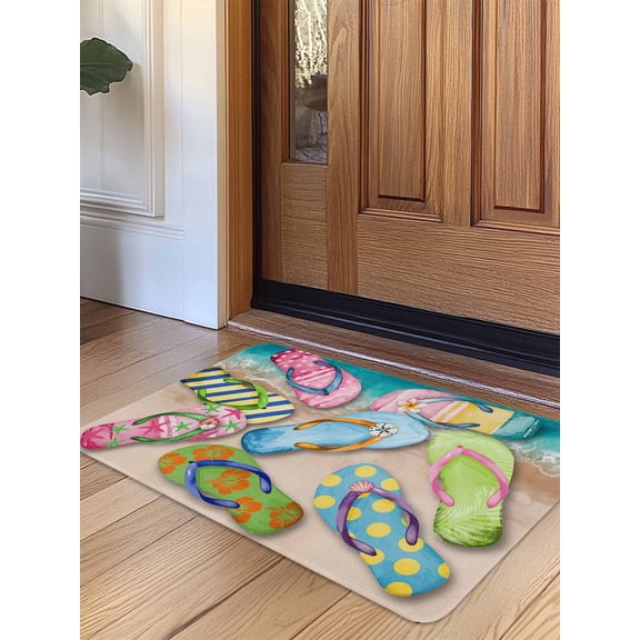 Colorful Flip Flops Door Mat Indoor Outdoor Entrance, Non Slip Small Rug for Kitchen Bathroom Entryway Rug, Summer Blue Beach Ocean Washable Doormat Floor Mat for Office Home Decor 18x30 Inch