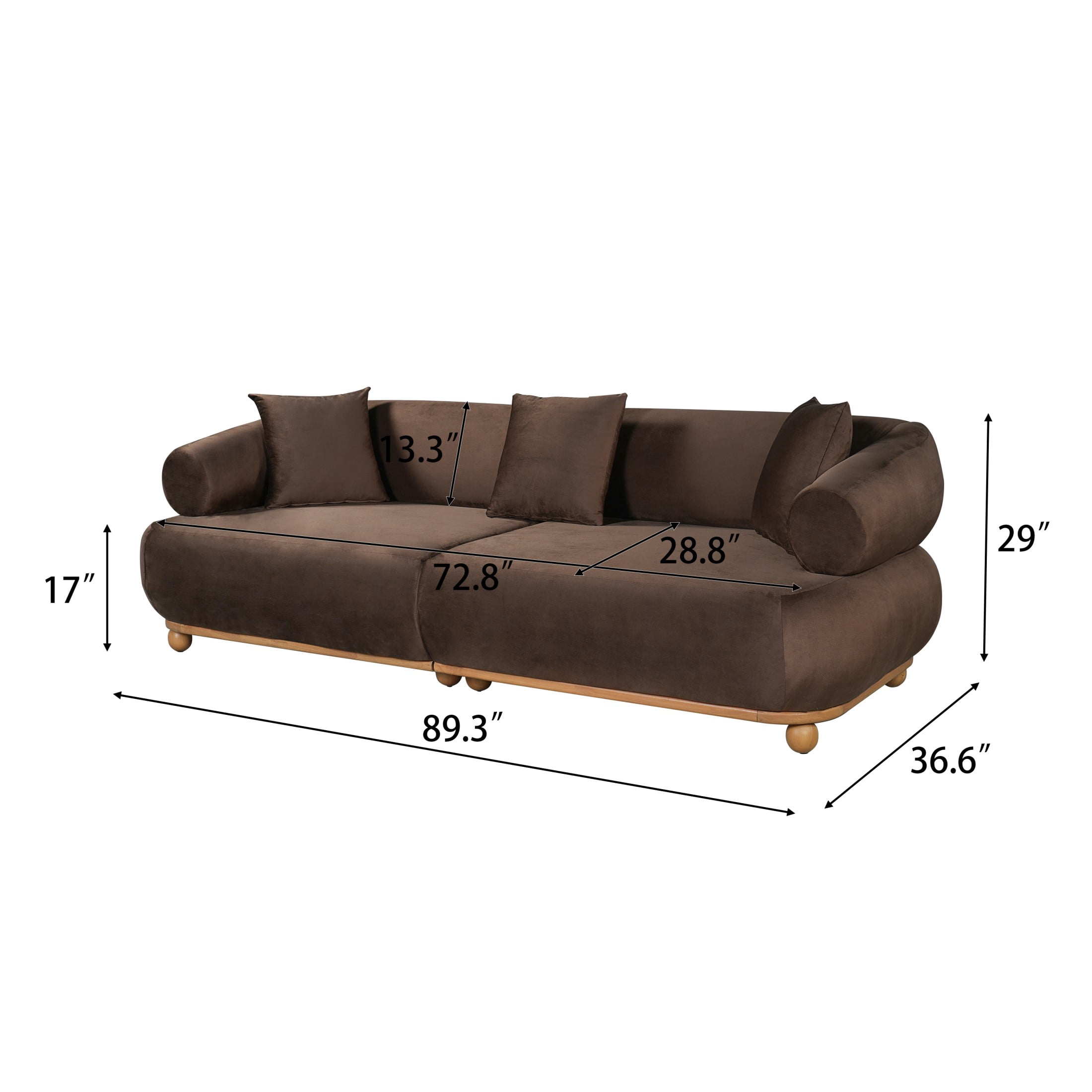 Christopher Knight Home 89.3" Modern Velvet Sofa with Throw Pillows, 3 Seats, Solid Wood Base, Brown