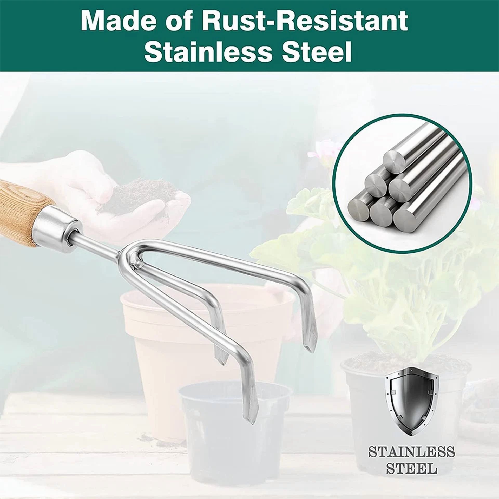CRESTIN- Berry&Bird Garden Hand Cultivator Stainless Steel Handheld Triple Claw Hand Rake