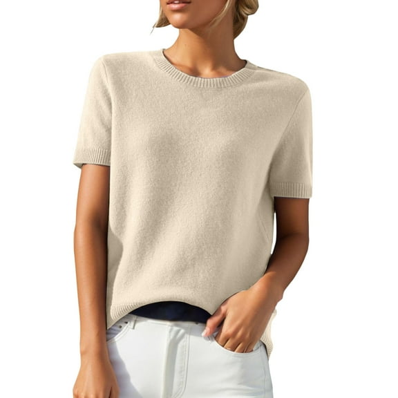 DHFJKG Merino Wool Sweaters For Women Casual Crew Neck Loose Fit Short Sleeve Solid Color Sweater For Spring Autumn Cozy Tops