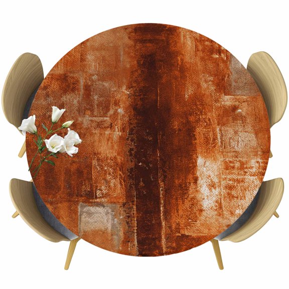 Burnt Orange Table Cloth, Round Fitted Tablecloths with Elastic Edge, Retro Oil Painting Modern Abstract Art Aesthetics Wipeable Waterproof Table Cover for Kitchen Wedding 55-60 Inches