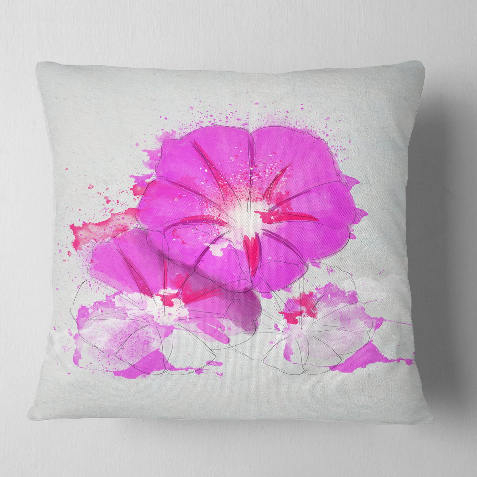 Designart Pink Flowers Sketch with Color Splashes - Floral Throw Pillow - 16x16