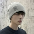 thumbnail image 3 of Men Hat Solid Color Labeling Brimless Stretch Coldproof Beanie Hat Autumn Winter Plush Lining Ear Protection Hat Streetwear, 3 of 10