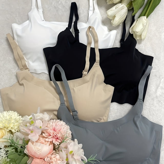 4pcs Seamless Solid Bralettes, Comfortable Adjustable Straps Wireless Intimates Bra, Women's Lingerie & Underwear