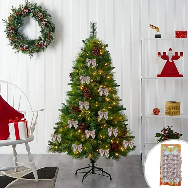 Lazos navideños para decorar el árbol | Paquete de 12 lazos navideños preatados en dorado, plateado, rojo, azul, rosa y negro | Adornos de plástico para regalos y fiestas