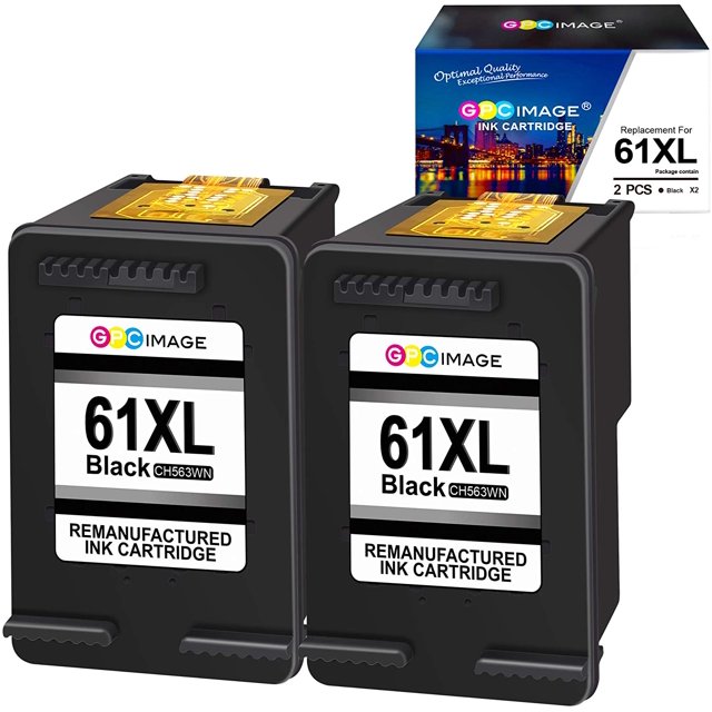 GPC Image Remanufactured Ink Cartridge Replacement for HP Ink Cartridge 61 61XL, shown as a set of two black ink cartridges with visible gold contact points. The cartridges are labeled with '61XL Black CH563WN' and 'Remanufactured Ink Cartridge.' A branded box with the GPC Image logo and 'Replacement for 61XL' text is visible in the background.