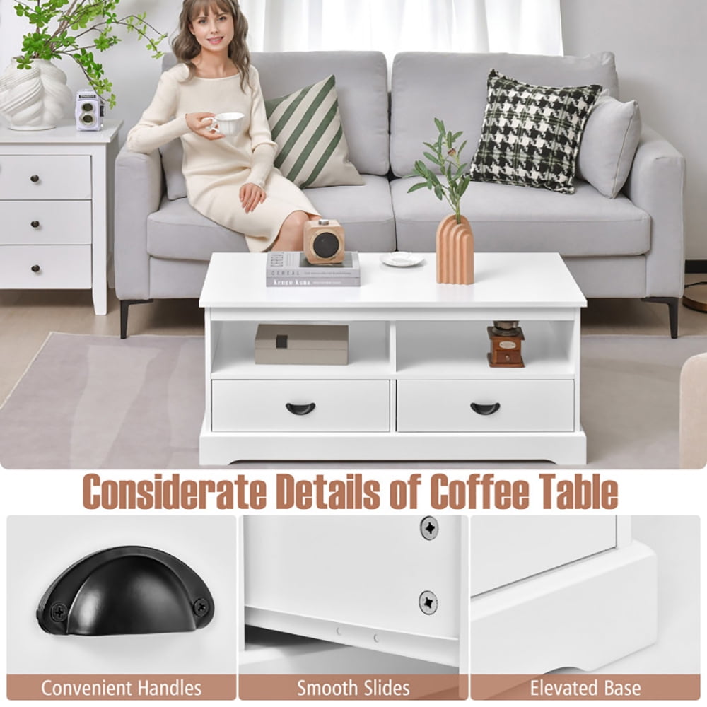 Finihen Coffee Table, Rectangular Coffee Table, Modern Coffee Table with Drawers and Open Cubies, for Living Room, Reception Room, Office, White Finihen Coffee Table, Rectangular Coffee Table, Modern Coffee Table with Drawers and Open Cubies, for Living Room, Reception Room, Office, White