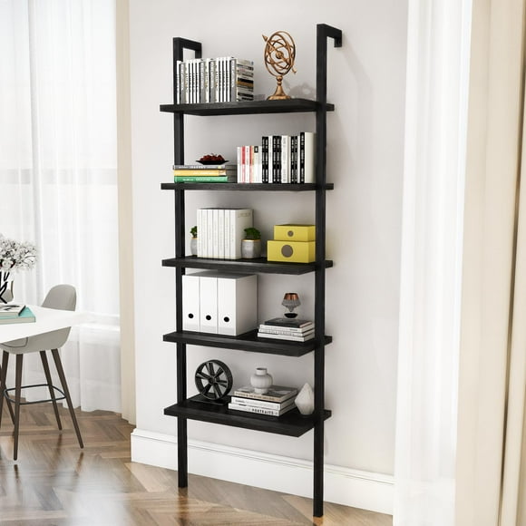 DKLGG Wall Mounted Bookcase, Industrial Ladder Bookshelf, 5-Tier Mounted Book Shelf Metal Frame Open Display Rack, Standing Leaning Ladder Storage Shelves ​for Living Room, Bedroom, Balcony, Office