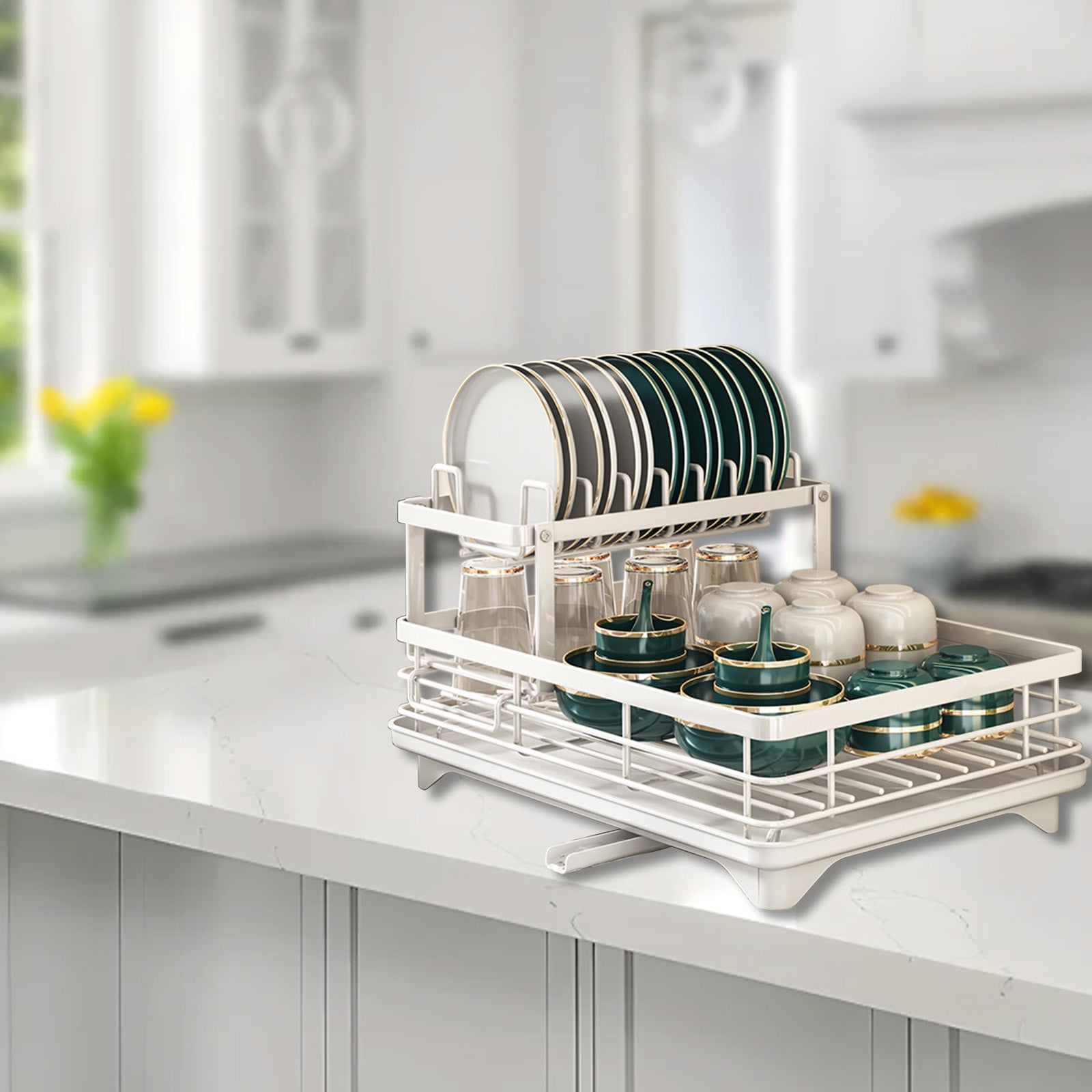 Dish Drying Rack, Carbon Steel 2-Tier Drainer, Large Capacity Space-Saving Easy-Install Sturdy Anti-Collapse Stable, Kitchen Countertop Dish Bowl Cup Utensil Organizer Shelf