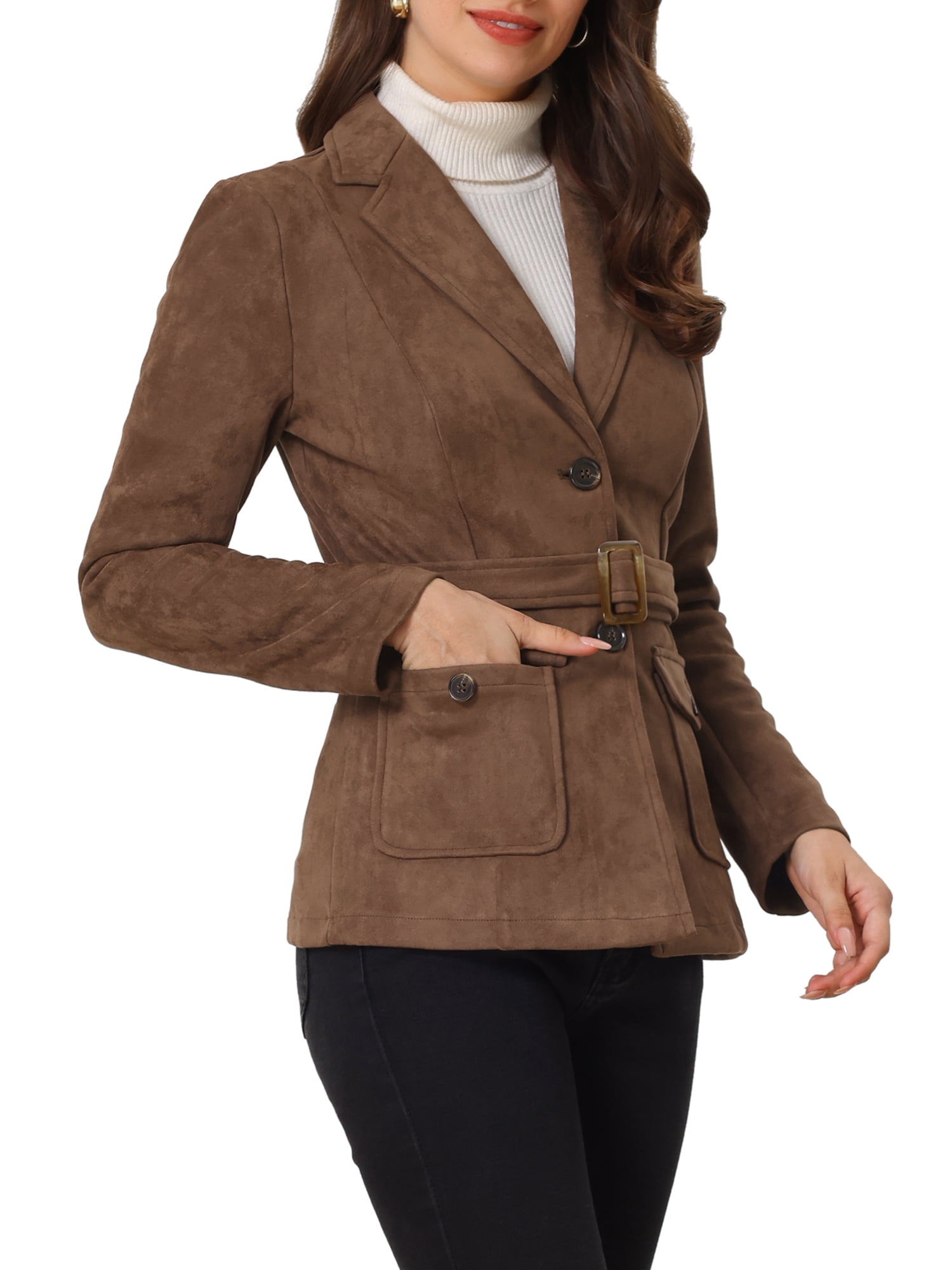 Unique Bargains Women's Faux Suede Belted Long Sleeve Single Breasted Blazer L Dark Brown