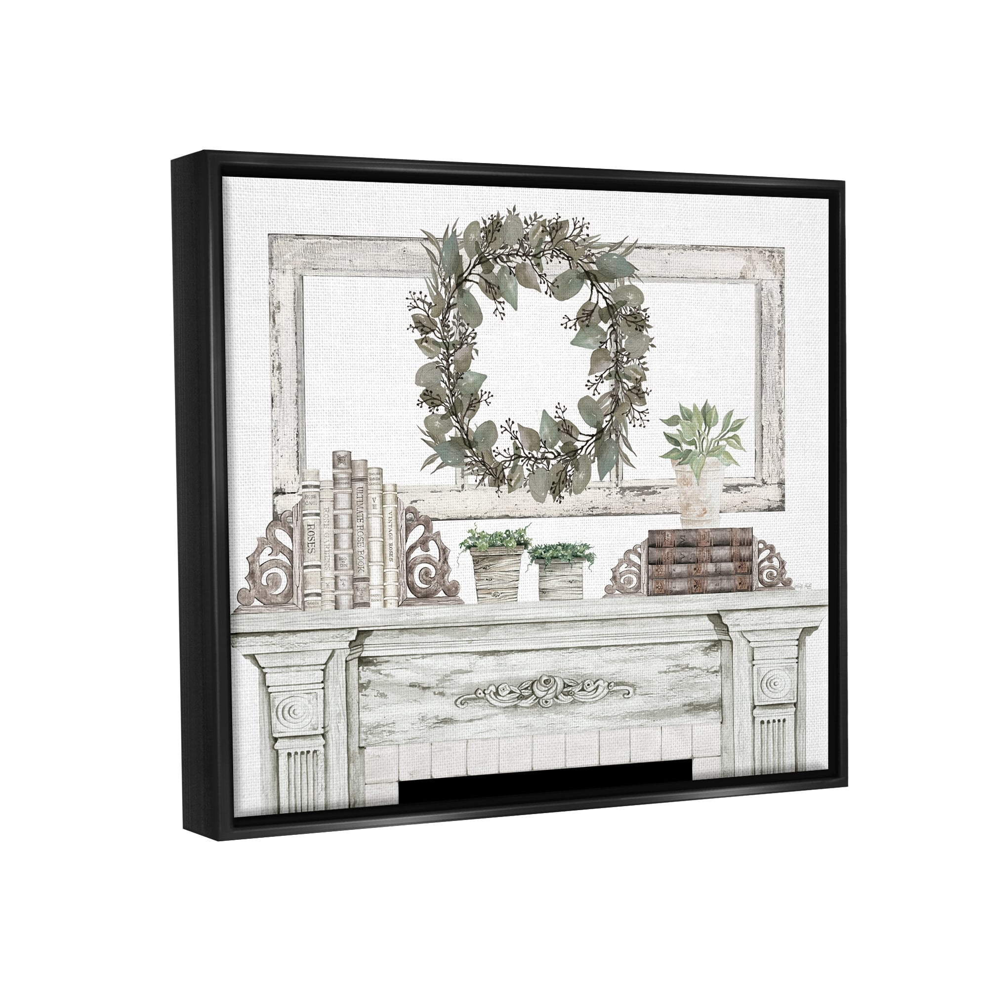 Stupell Industries Festive Wreath Cozy Fireplace Mantel Rustic Design Graphic Art Jet Black Floating Framed Canvas Print Wall Art, Design by Cindy Jacobs