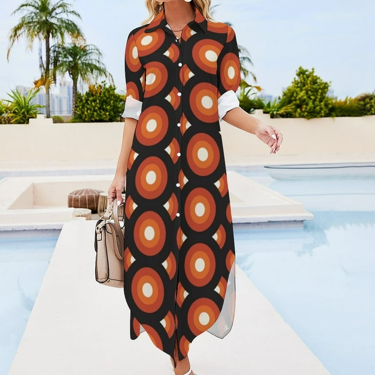 Retro 60s 70s Geometric Pattern Long Sleeved Shirt Dress party dress women  elegant luxury Women's evening dress