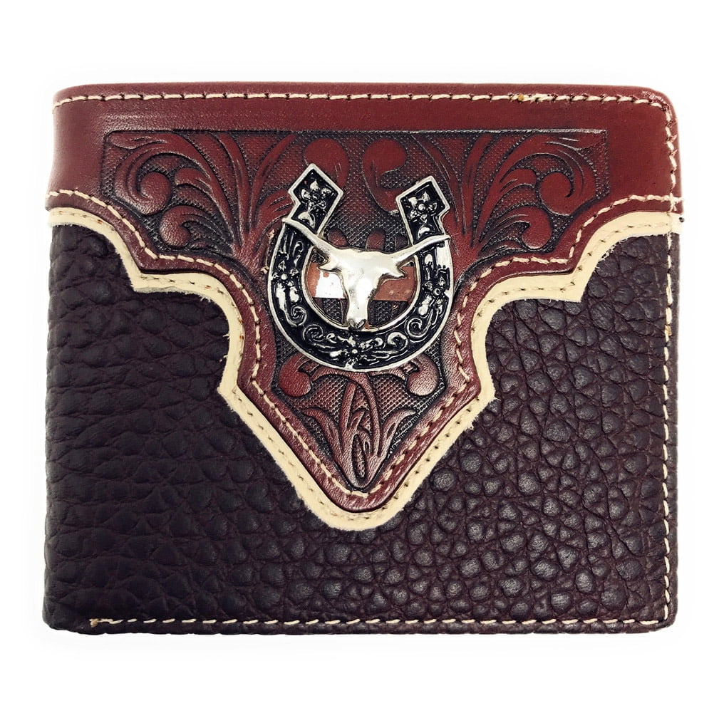 Genuine Leather Floral Tooled Longhorn Horseshoe Concho Mens Short Bifold Wallet 