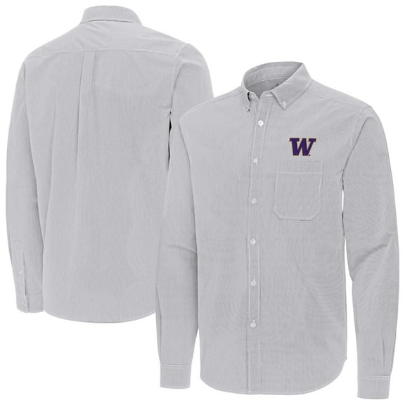 Men's Antigua Gray Washington Huskies Porter Woven Tri-Blend Long Sleeve Button-Down Shirt