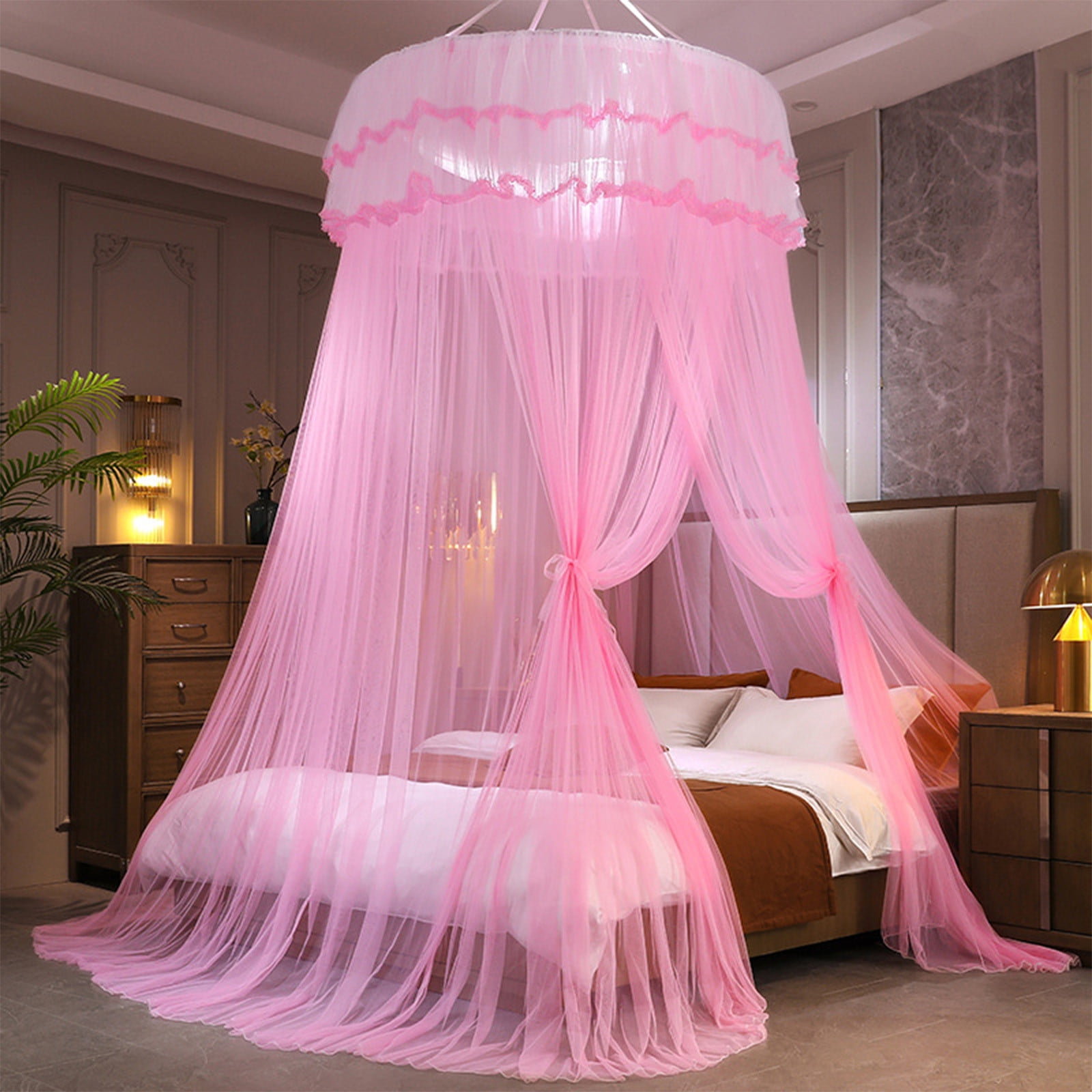 Princess-Style Bed Canopy with Mosquito Net, Ruffled Lace Ceiling-Mounted Dome, Foldable Polyester Fabric