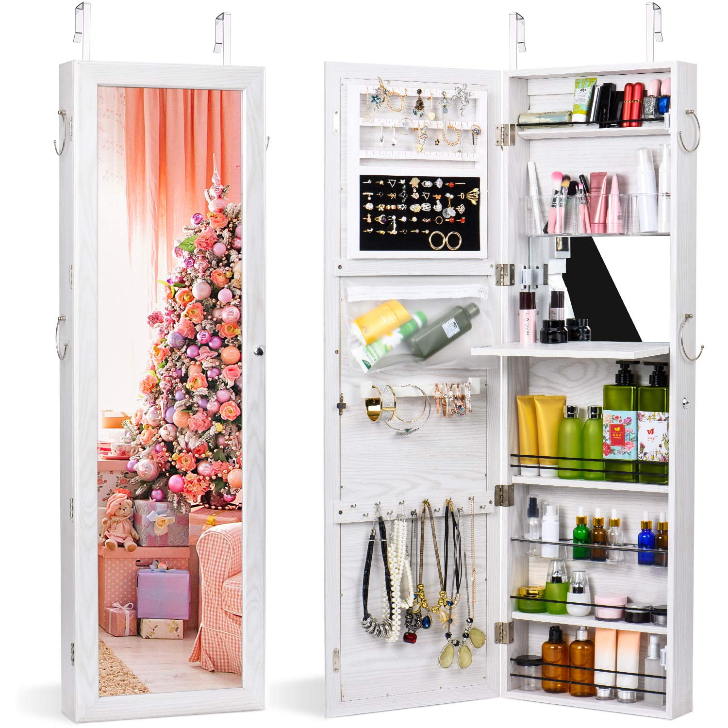 White Door/Wall Hung Lockable LED Full Length Jewellery Storage Cabinet Armoire 