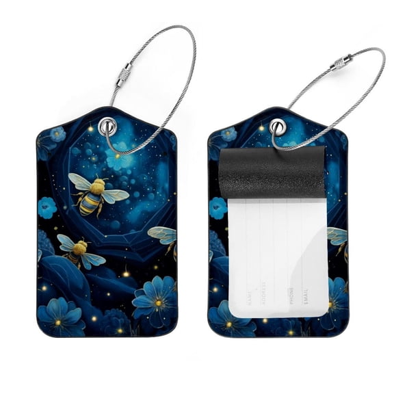 PhooArto 2 Pack Leather Luggage Tag with Stainless Steel Loop, Blue Galaxy Bees Pattern Baggage Handbag Travel Suitcase Tags with Name ID Card Perfect to Quickly Spot Luggage Suitcase