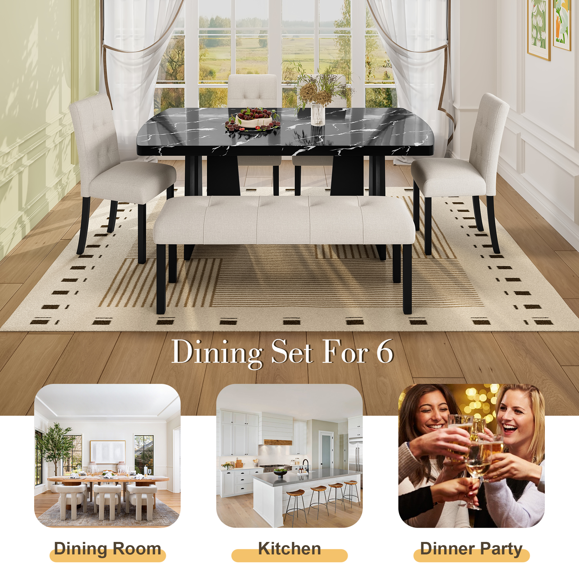 Euroco 6 Piece Dining Table Set for 6, 63" Modern Faux Marble Kitchen Table & 4 Upholstered Chairs Set with Solid Wood Frame and 1 Bench,Suitable for Dining Room,Home,Beige+Black