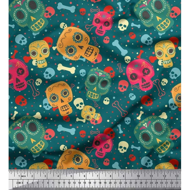 Soimoi Poly Georgette Fabric Dot,Bone & Skull Print Fabric by The Yard 42 Inch Wide
