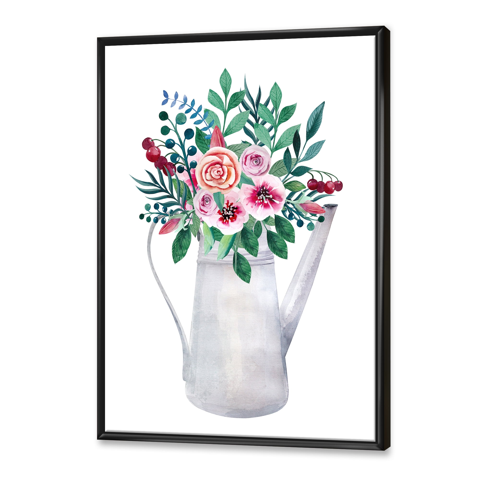 Designart 'Bouquets of Flowers In Rustic Flowering Pot With Berries' Traditional Framed Canvas Wall Art Print