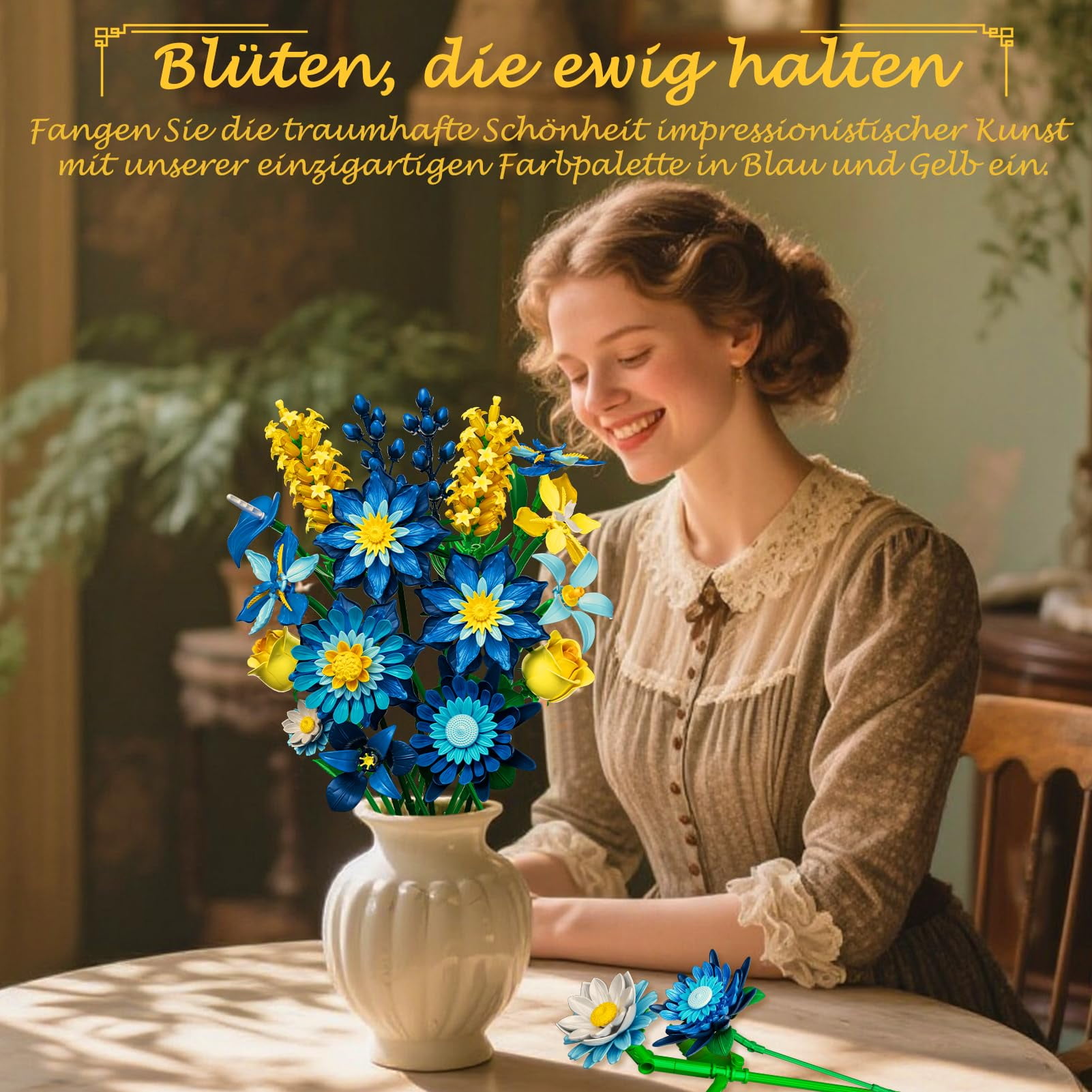 OKKIDY Glacia Daisy Flower Bouquet Building Blocks Set Compatible with Lego,Ice Blue Botanical Collection，Mother's Day Gift for Mom Women Adults & Girls