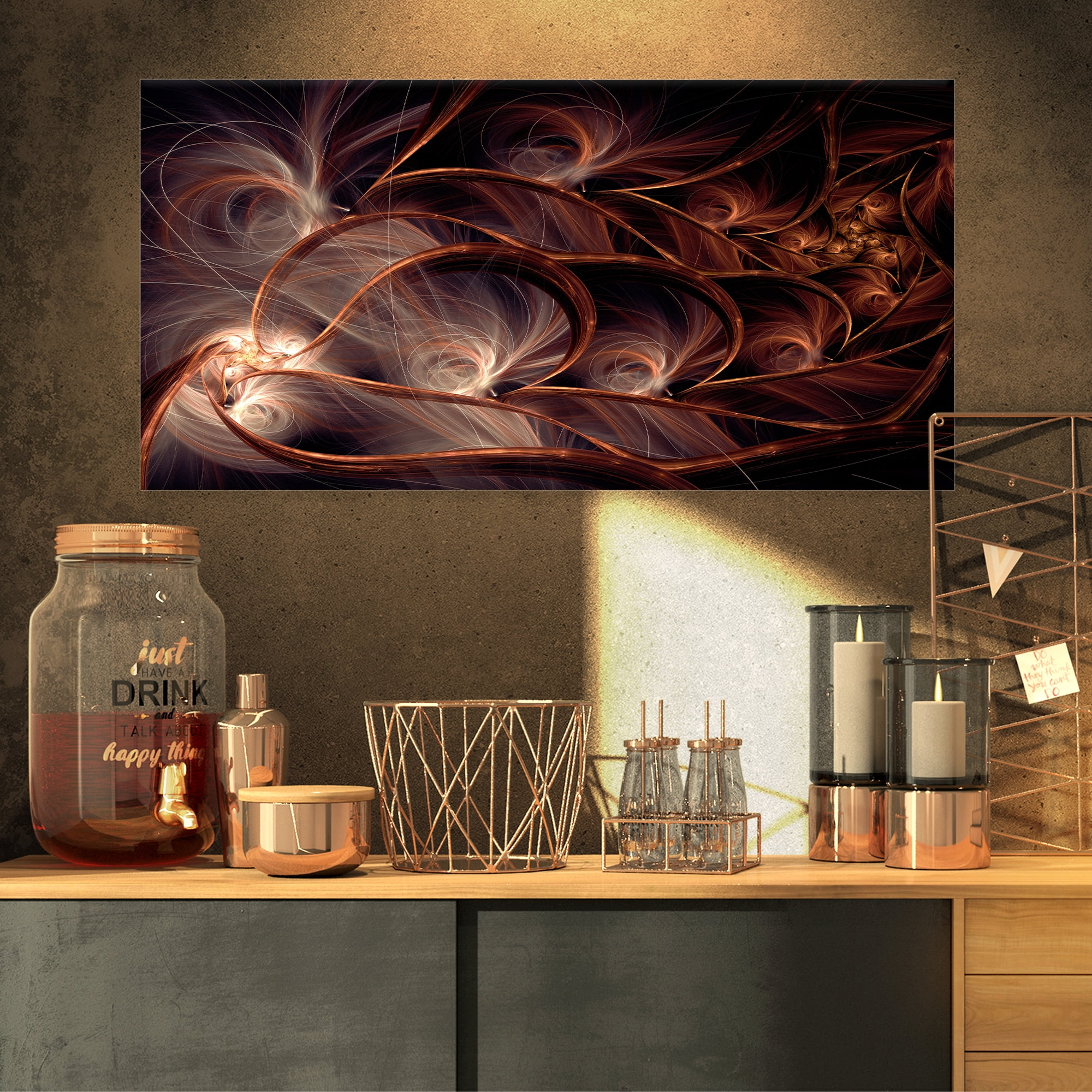 Designart 'Glittering Brown Fractal Flower on Black ' Floral Canvas Art Print