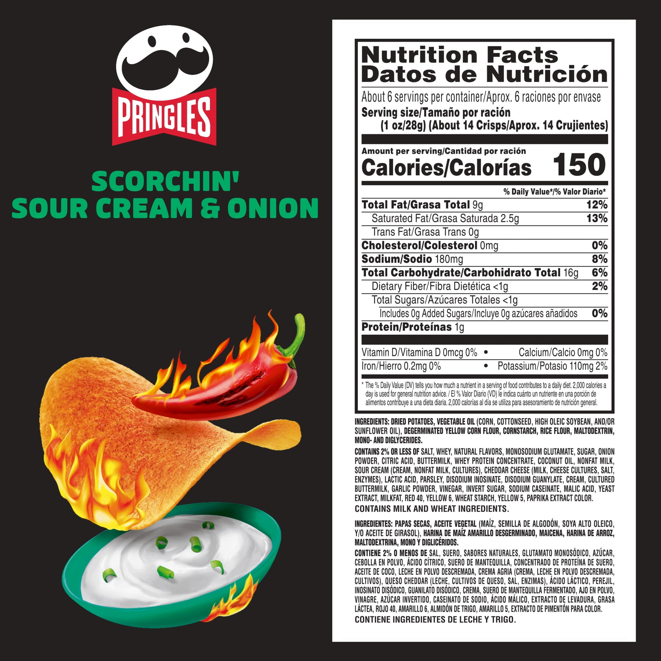 Pringles Scorchin' Sour Cream and Onion Potato Crisps Chips, Spicy Snacks, 5.5 oz