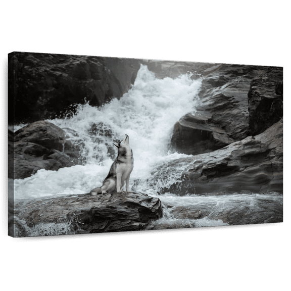 Elephant Stock Husky By Waterfall Wall Art - Horizontal Canvas Wall Art - Living Room Wall Decor - Nature Canvas - Brown And Gray Decor - 12" x 8"