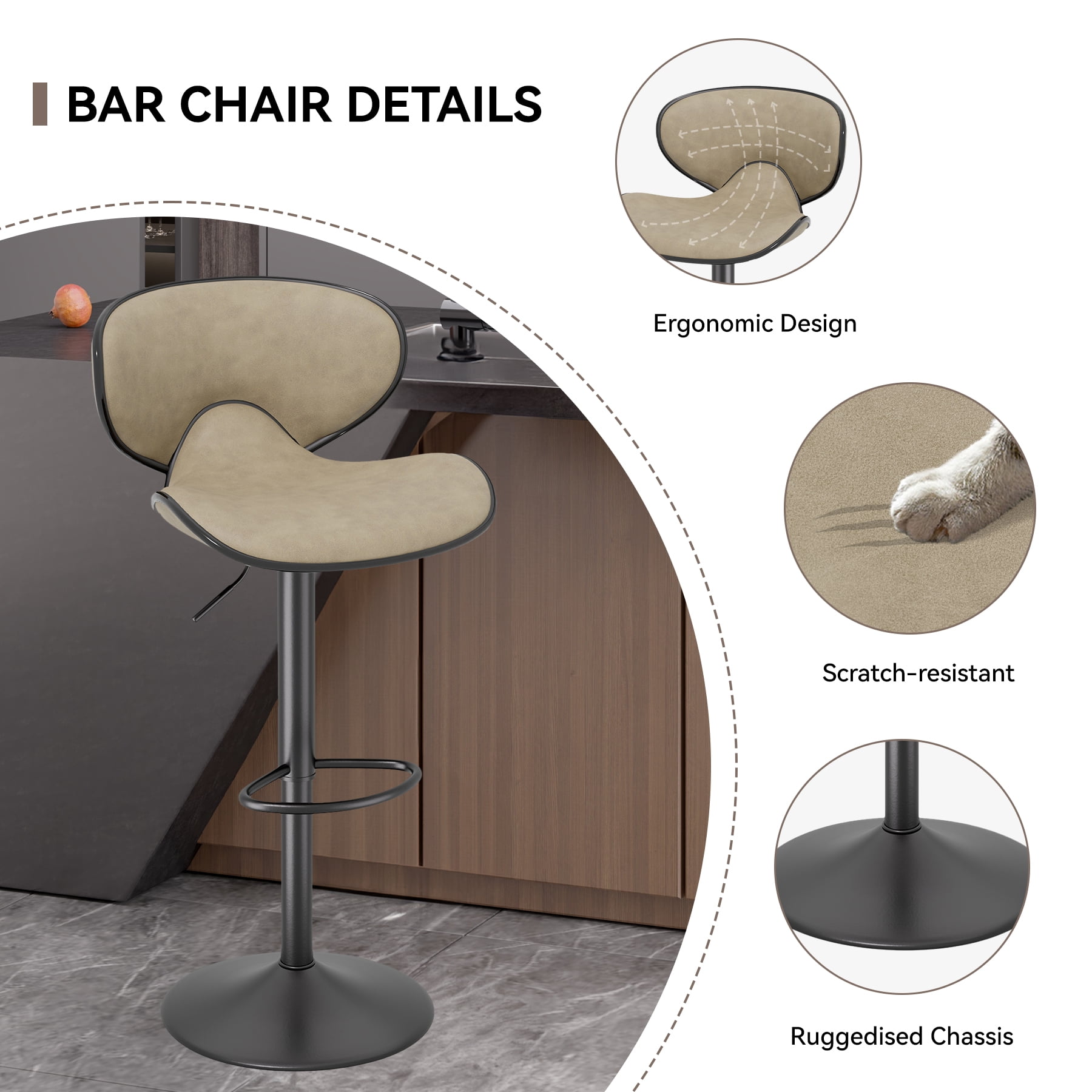 Hawsaiy Adjustable Swivel Bar Stools Set of 2 with Back and Footrest, Faux Leather Counter Height Kitchen Stools, Modern Bar Chairs for Island and Home Bar, Khaki