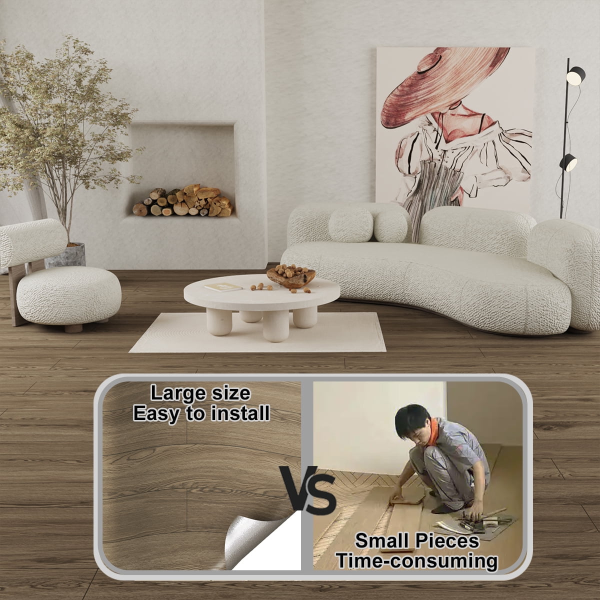 Vinyl Flooring Roll PVC Thickened Peel and Stick Floor Wood Plank Self Adhesive Flooring DIY 23.6" X 196" Brown