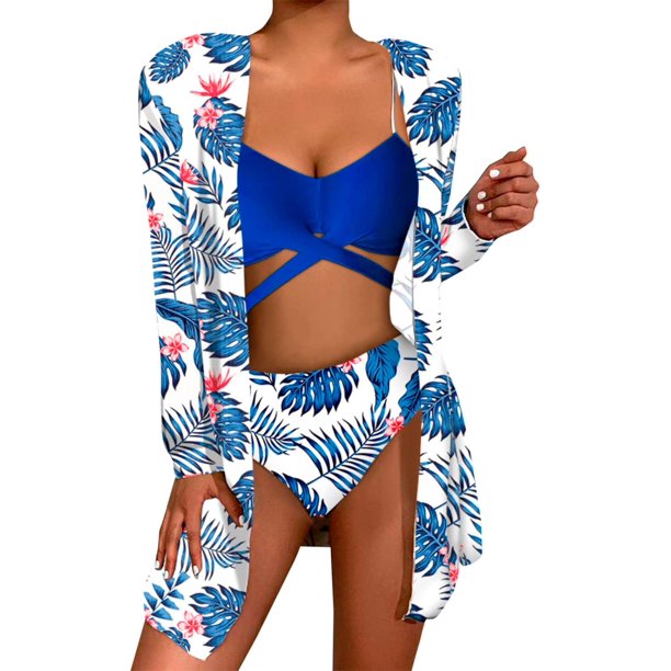 Kiosan Conjunto de bikini para mujer, traje de baño de 3 piezas, kimono floral, parte superior triangular anudada en la parte delantera, falda de traje de baño inferior de cintura alta