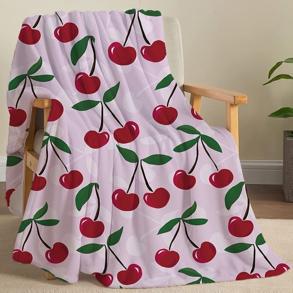 Cherry Digital 3D Printed Flannel Throw Blanket, Pink French Style Fruit & Geometric Pattern, Soft All-Season Comfort for Bed Sofa, Lightweight Polyester, Ideal Gift for Sisters & Holidays