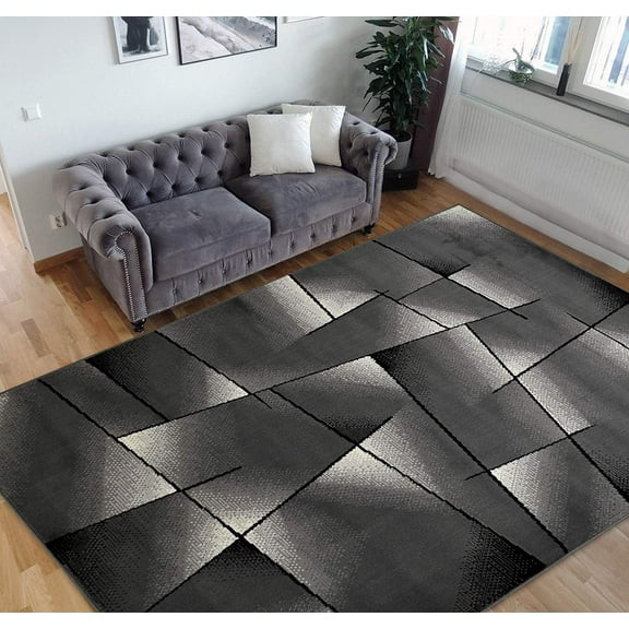 HR Triangle Pattern Area Rug 5x7 [5'.2" x 7'.1"] Geometric Contemporary Modern Black & Grey Carpet Comfy shed Free Stain Resistant