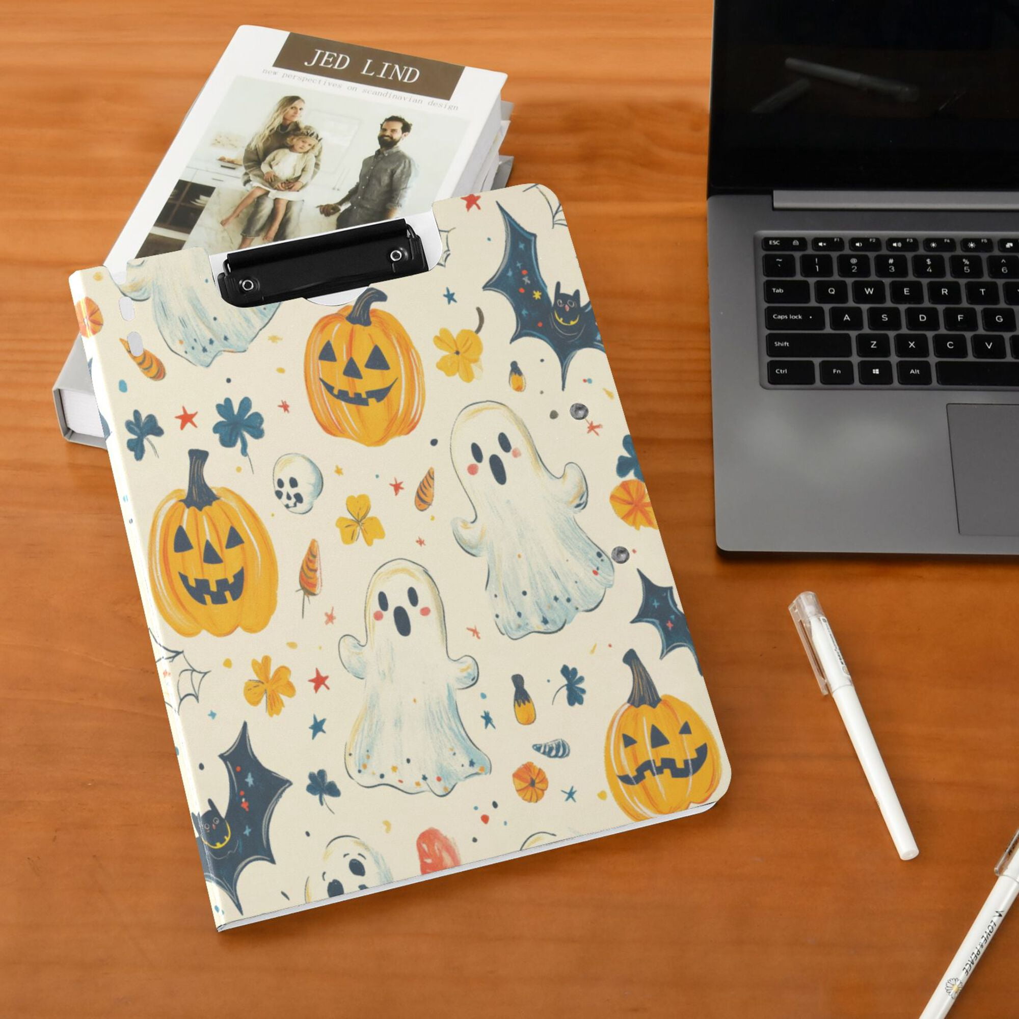 FORMRS A4 Clipboard Folder with Pen Holder Horizontal Foldable School Office Binder, Halloween Cute Ghosts
