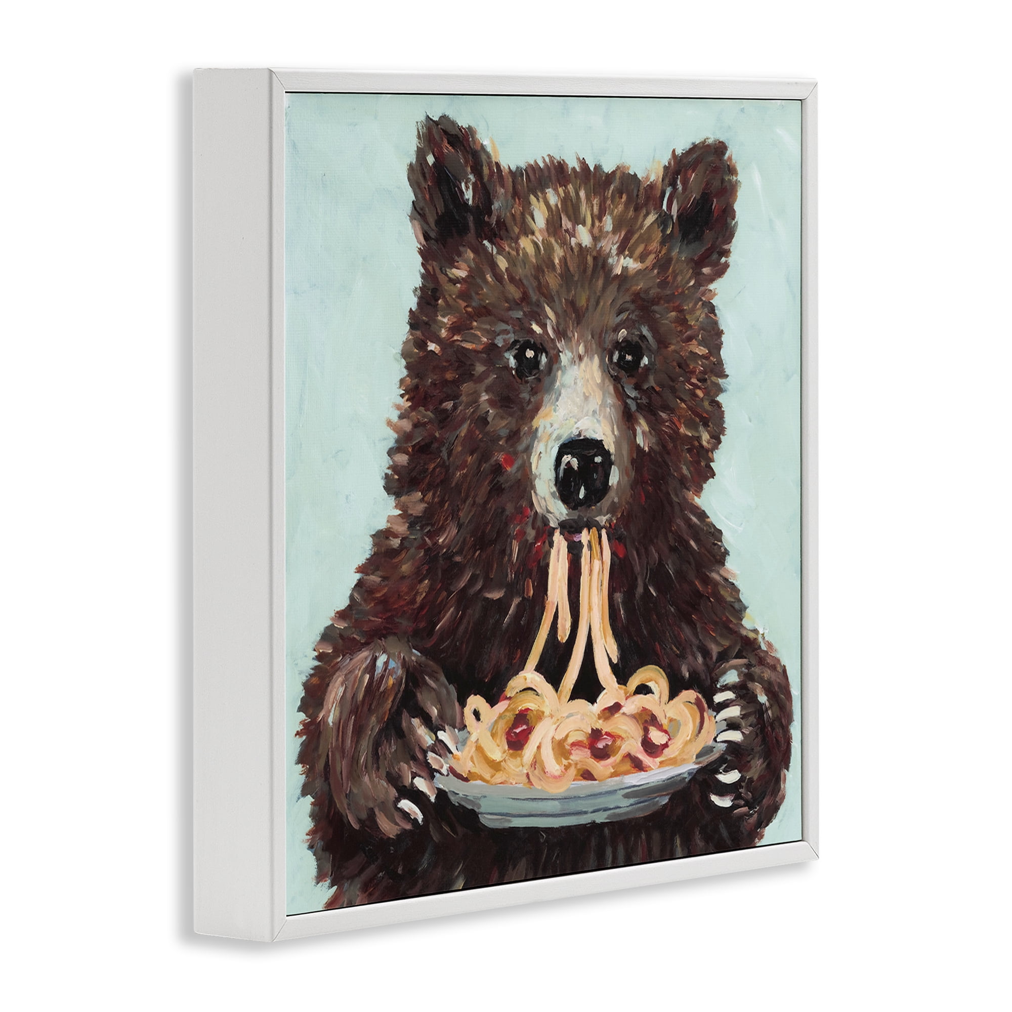 Whimsical Bear & Spaghetti White Framed Giclee Art, design by Studio Bautista