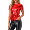thumbnail image 4 of INSPIRAR CHIC Blusas de fiesta metálicas texturizadas de manga corta para mujer XS Rojo brillante, 4 of 6