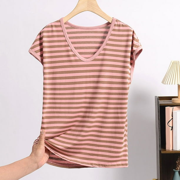 Pijama de manga corta para mujer, informal, holgado, a rayas, con cuello redondo, de verano, fino, de poliéster
