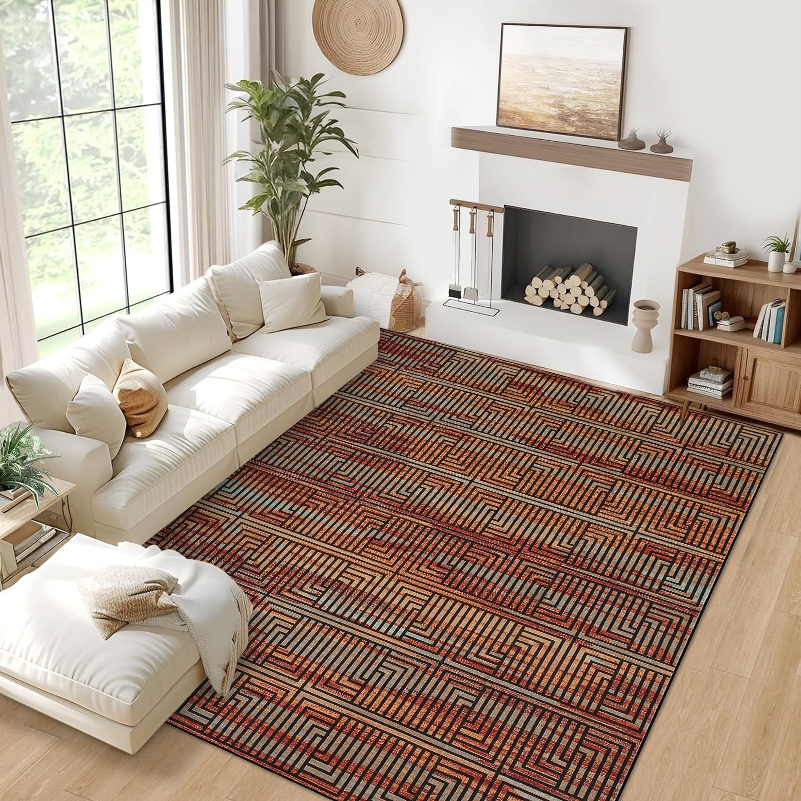 Outdoor Rug, 10x13ft Bordered Modern Area Rugs for Indoor and Outdoor Patios, Porches Waterproof Washable Porch Deck Outside Carpet